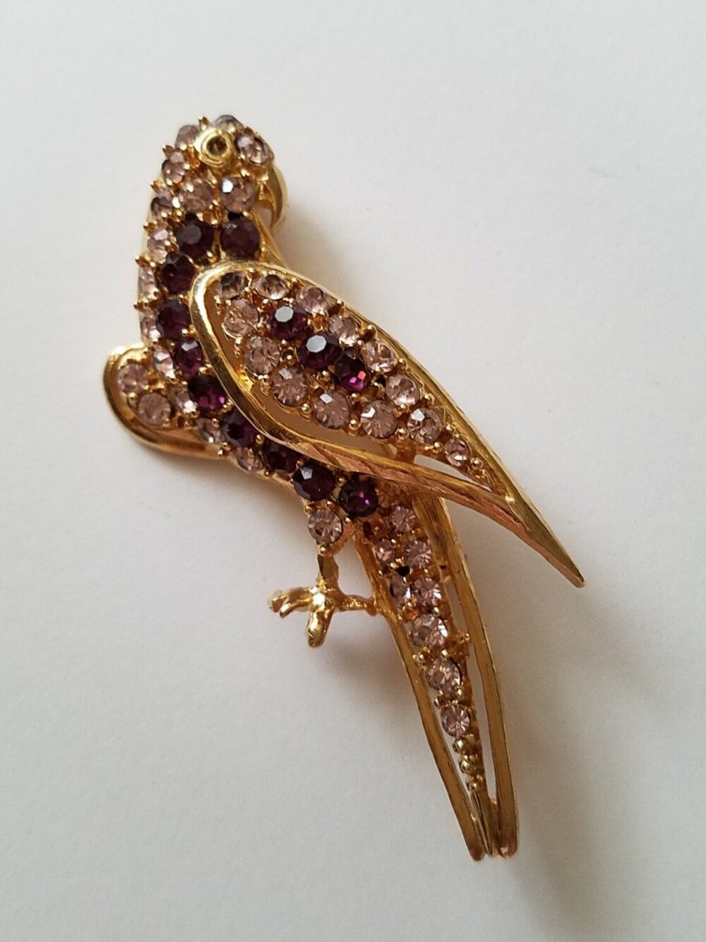 Vintage Pell Clear and Purple Figural Parrot Brooch